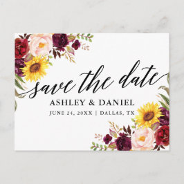Calligraphy Mixed Burgundy Floral Save the Date Postkarte