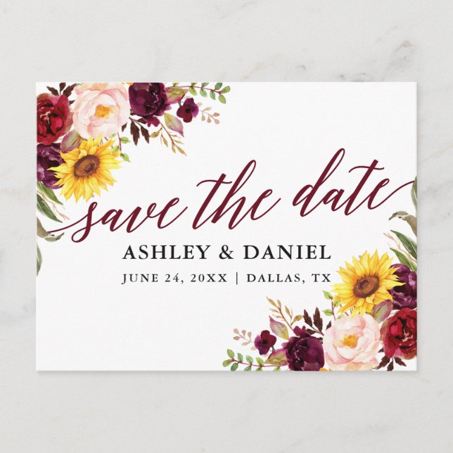 Calligraphy Mixed Floral Burgundy Save the Date Postkarte (Vorderseite)