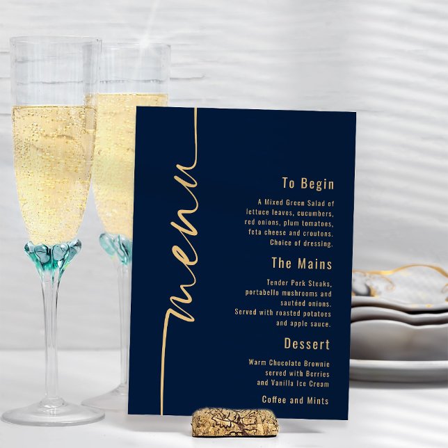Calligraphy Navy Blue Gold Wedding Menu Poster (Von Creator hochgeladen)