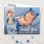 Calligraphy New Baby 4 Photo Collage Thank You Postkarte<br><div class="desc">Modern Elegant Calligraphy Script New Baby 4 Photo Collage Thank You Postcard</div>