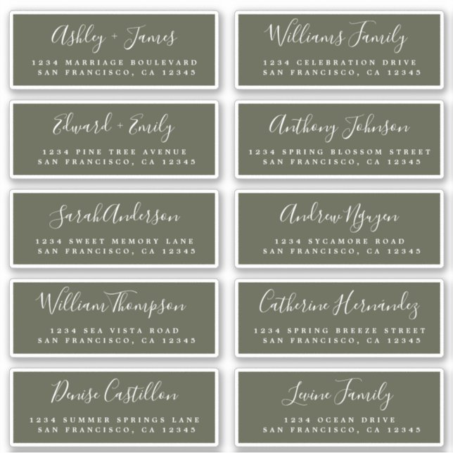 Calligraphy Olive Green Guest Address Labels (Vorderseite)