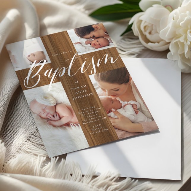 Calligraphy Photo Collage Baby Baptism Wood Cross  Einladung (Calligraphy Photo Collage Baby Baptism Wood Cross Invitation)