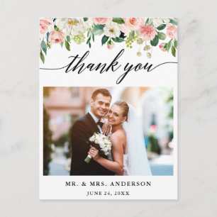 Calligraphy Pink Floral Wedding Foto Vielen Dank Postkarte