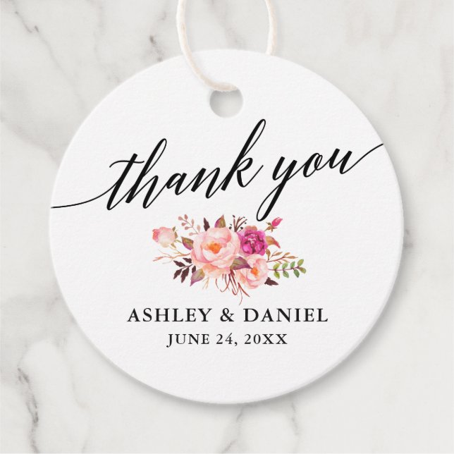 Calligraphy Pink Floral Wedding Vielen Dank Geschenkanhänger (Vorderseite)