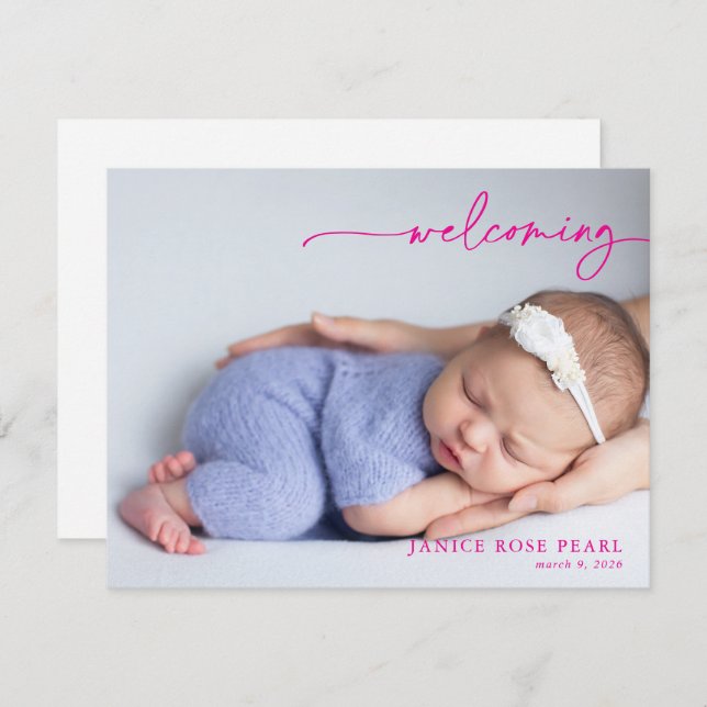 Calligraphy Pink Welcoming Baby Announcement card (Vorne/Hinten)