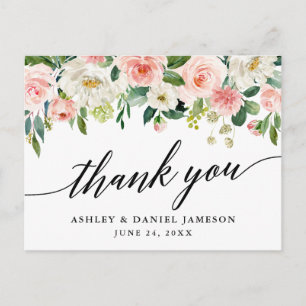 Calligraphy Pink White Floral Wedding Vielen Dank Postkarte
