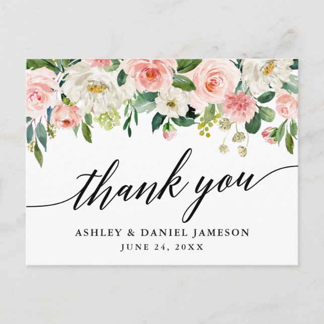 Calligraphy Pink White Floral Wedding Vielen Dank Postkarte (Vorderseite)