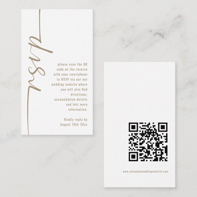 Calligraphy QR Code Champagne Gold Wedding RSVP Begleitkarte (Vorne/Hinten)