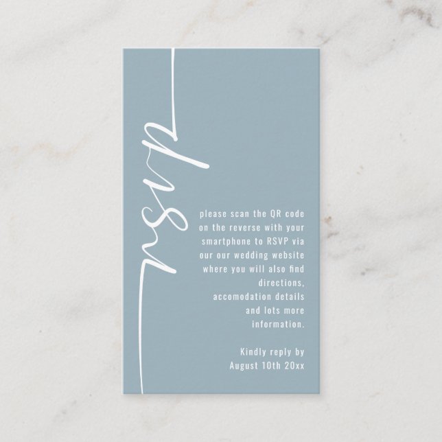 Calligraphy QR Code Dusty Blue Wedding RSVP Begleitkarte (Vorderseite)