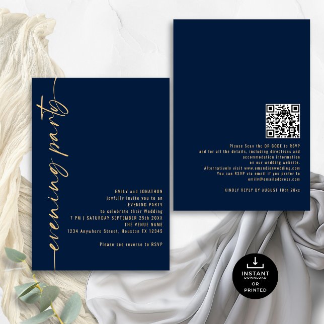 Calligraphy QR Navy Gold Wedding Abend Party Einladung (Front and back view)