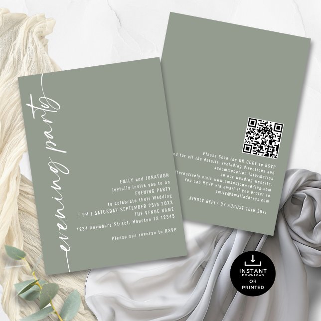 Calligraphy QR Sage Wedding Abend Party Gäste Einladung (Front and back view)