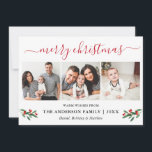 Calligraphy Red Merry Christmas Holly 3 Foto Feiertagskarte<br><div class="desc">Modernes Kalligrafie Script 3 Foto Familienfoto Collage Die Weihnachtskarte enthält Weihnachtsbäume Heilige Berries - Rote Schrift</div>
