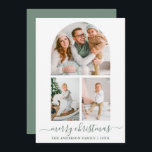 Calligraphy Sage Green 3 Foto Arch Weihnachten<br><div class="desc">Modern Trendy Calligraphy Script Frohe Weihnachten 3 Foto Arch Holiday Card - Sage Green</div>