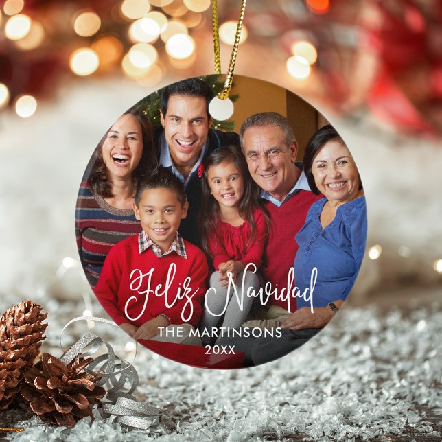 Calligraphy Script Feliz Navidad Foto Red Back Keramik Ornament (Customize with your photo, name and year.)