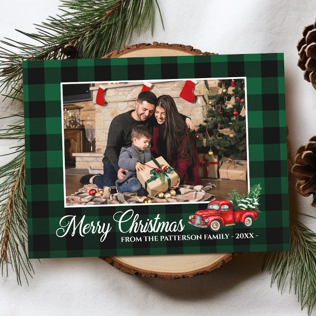 Calligraphy Script Foto Green Kariert Red Truck Postkarte (Two sided Holiday Postcard.)