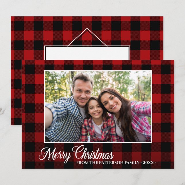 Calligraphy Script Foto Karierte Weihnachten Karte (Vorne/Hinten)