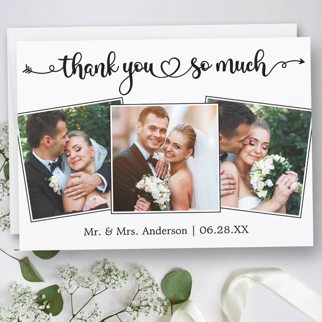 Calligraphy Script Heart 3 Photos Wedding Dankeskarte (Customize to change your personalized text size or text style.)