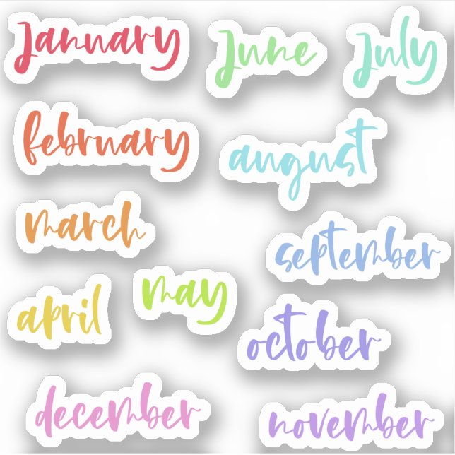 Calligraphy Script Rainbow Months of the Year Aufkleber (Vorderseite)