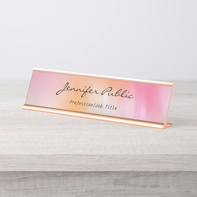 Calligraphy Script Rose Gold Moderne Abstrakte Kun Schreibtischnamensplakette (Vorderseite )