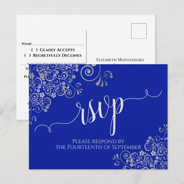 Calligraphy Silver Frills Royal Blue Wedding RSVP Postkarte (Vorne/Hinten)