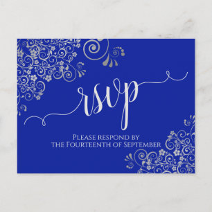 Calligraphy Silver Frills Royal Blue Wedding RSVP Postkarte
