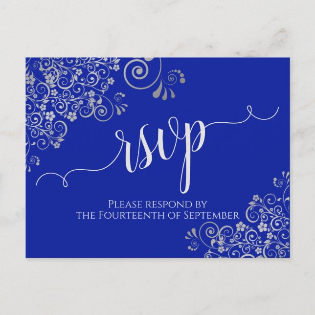 Calligraphy Silver Frills Royal Blue Wedding RSVP Postkarte (Vorderseite)