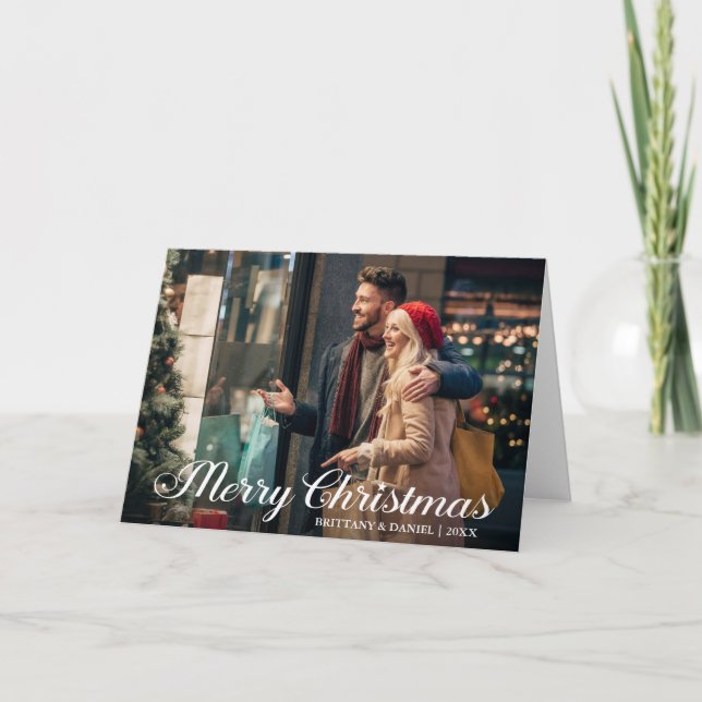 Calligraphy Star Merry Christmas Couple Foto Fold Karte (Vorderseite)