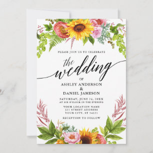 Calligraphy Sunflower Boho Floral Wedding Einladung