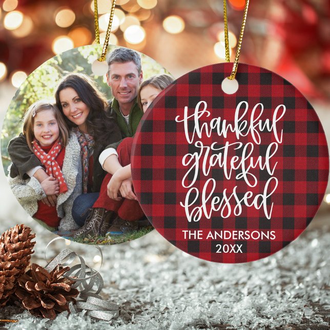 Calligraphy Thankful Grateful Blessed Plaid Photo Keramik Ornament (Customize to change your personalized text size or text style.)