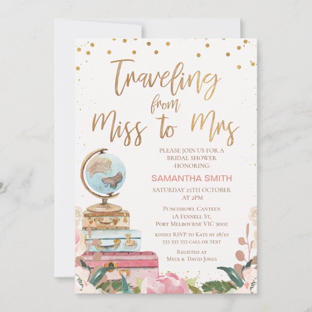 Calligraphy Traveling Miss an Mrs. Brautparty Einladung (Vorderseite)