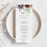 Calligraphy Tropical Colored Floral Dinner Menükarte<br><div class="desc">Diese kalligraphische,  tropisch gefärbte Menükarte für das Abendessen mit Blumenkost ist perfekt für eine rustikale Hochzeit. Dieses bezaubernde,  handbemalte Design besticht durch wertvolle Blüten,  violette Blumen und grünes Laub,  das in eleganten Bouquets gepflegt ist. Dieses Menü kann für Hochzeitsempfang,  Probe Dinner,  Brautparty oder jede Veranstaltung verwendet werden.</div>