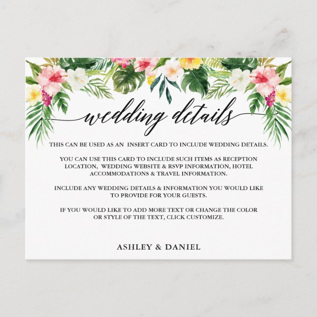 Calligraphy Tropical Floral Wedding Details Card Einladungspostkarte (Vorderseite)