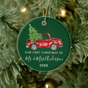 Calligraphy Truck Erster Weihnachtsmann Frau Green Keramik Ornament