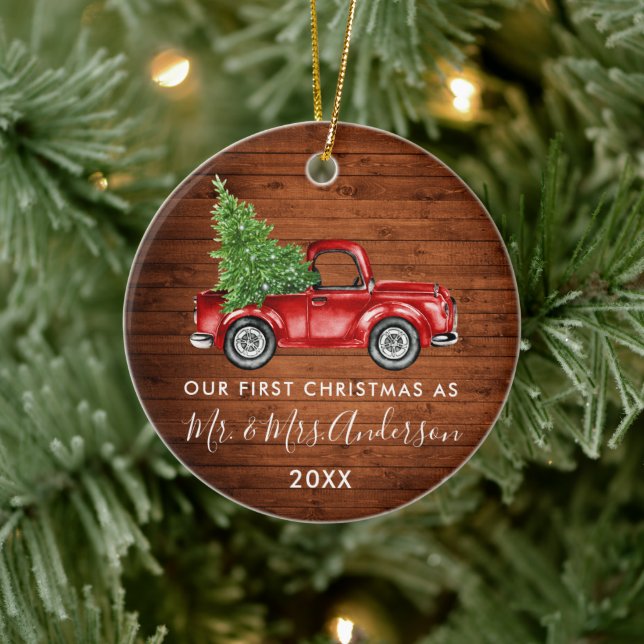 Calligraphy Truck Wood Erster Weihnachtsmann Frau Keramik Ornament (Baum)