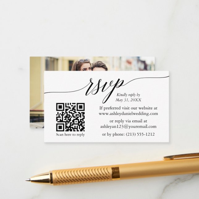 Calligraphy UAWG Wedding Minimalistisch QR Foto Begleitkarte (Vorderseite/Rückseite Beispiel)