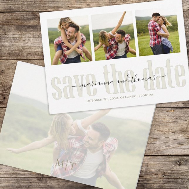 Calligraphy Vellum Script Stilvolles Multi-Foto Save The Date (Simple multi photo save-the-date photo card with stylish calligraphy and block-style lettering. )