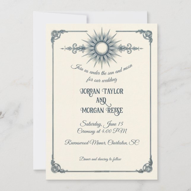 Calligraphy Vintag Blue Sun Wedding Einladung (Vorderseite)