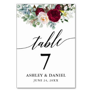 Calligraphy Watercolor Burgundy Floral Wedding Tischnummer