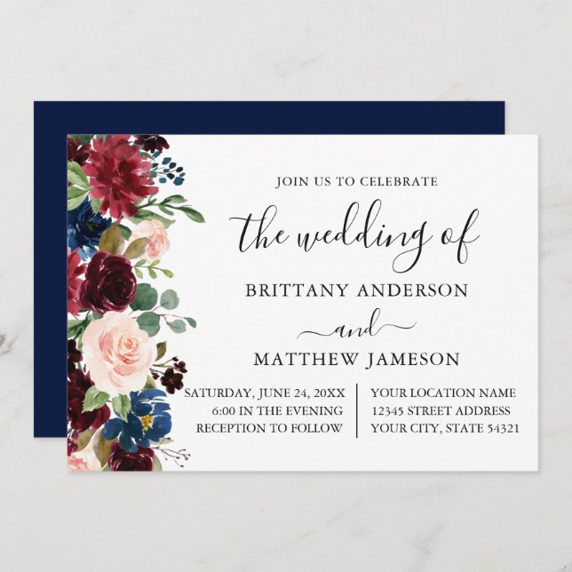 Calligraphy Watercolor Floral Wedding Blue Einladung (Vorne/Hinten)