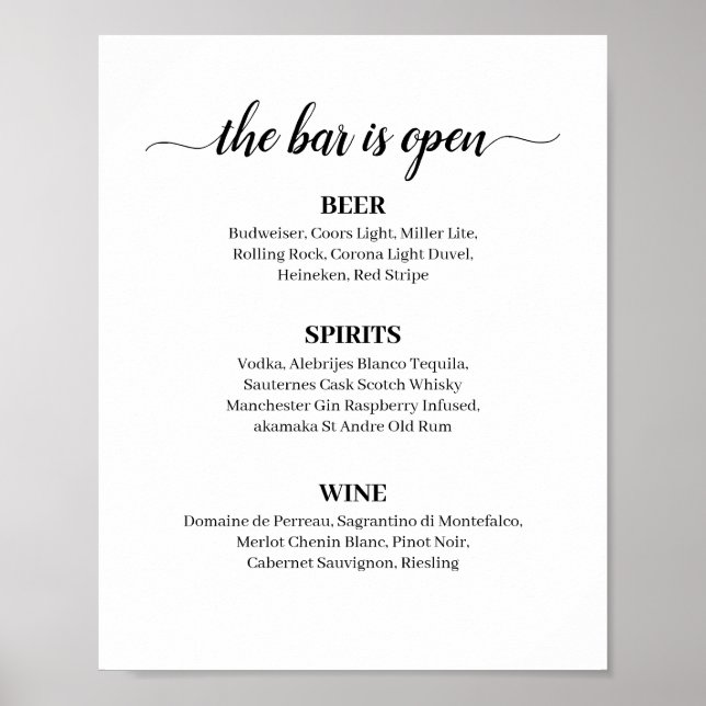 Calligraphy Wedding Bar Menu Sign Poster (Vorne)