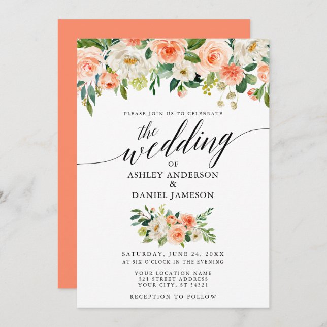 Calligraphy Wedding Coral Floral W Einladung (Vorne/Hinten)