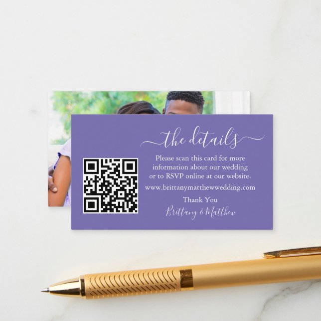 Calligraphy Wedding Details QR Foto Periwinkle Begleitkarte (Vorderseite/Rückseite Beispiel)
