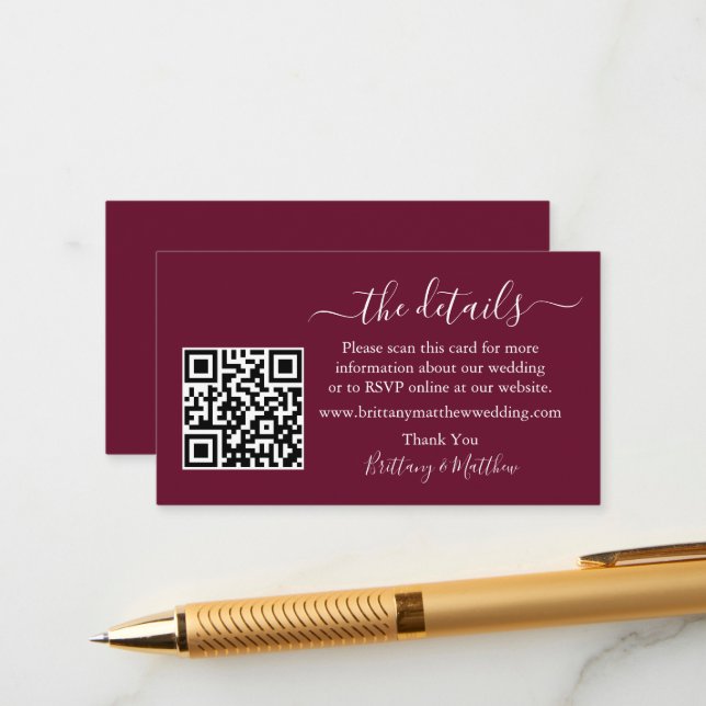 Calligraphy Wedding Details Website QR Burgundy Begleitkarte (Vorderseite/Rückseite Beispiel)