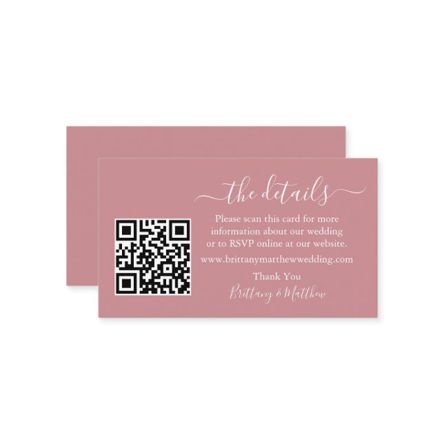 Calligraphy Wedding Details Website QR Dusty Rose Begleitkarte (Vorderseite/Rückseite Beispiel)