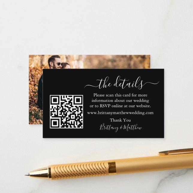 Calligraphy Wedding Details Website QR Foto Black Begleitkarte (Vorderseite/Rückseite Beispiel)
