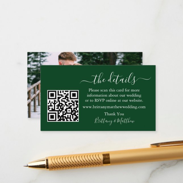 Calligraphy Wedding Details Website QR Foto Green Begleitkarte (Vorderseite/Rückseite Beispiel)