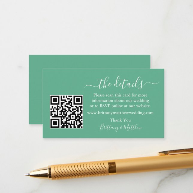 Calligraphy Wedding Details Website QR Mint Green Begleitkarte (Vorderseite/Rückseite Beispiel)