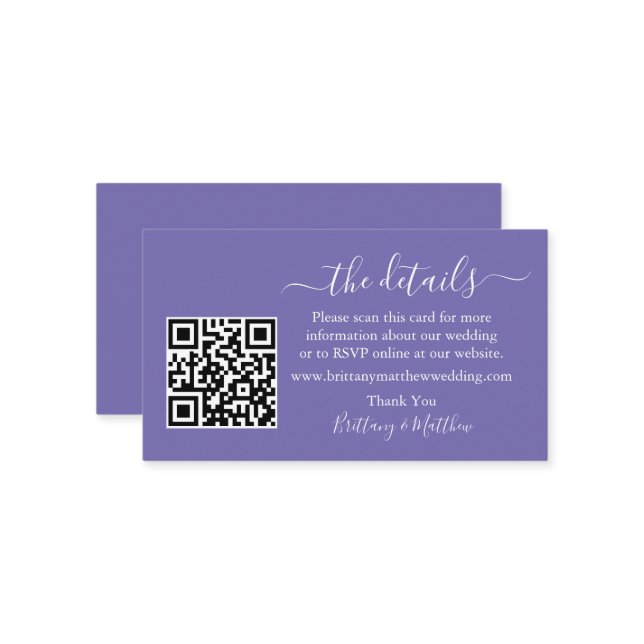 Calligraphy Wedding Details Website QR Periwinkle Begleitkarte (Vorderseite/Rückseite Beispiel)