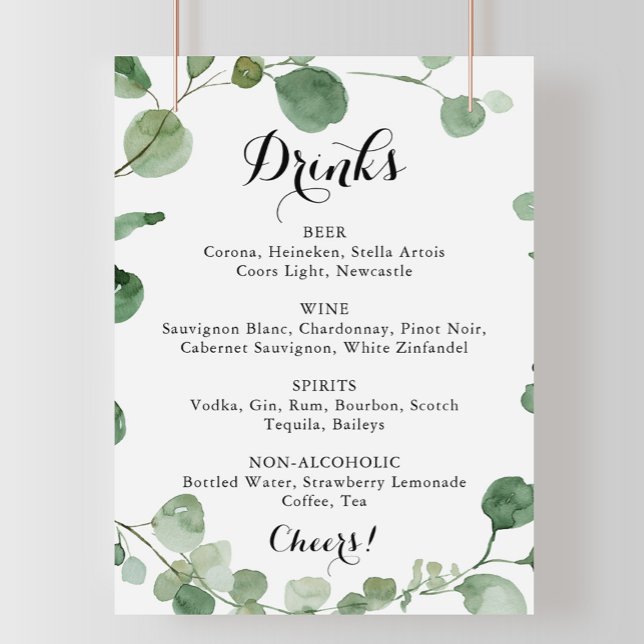Calligraphy Wedding Drinks Menu Eukalyptus Sign Poster (Von Creator hochgeladen)