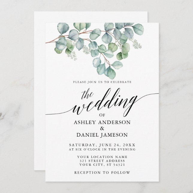 Calligraphy Wedding Eukalyptus Greenery Foto Einladung (Vorne/Hinten)